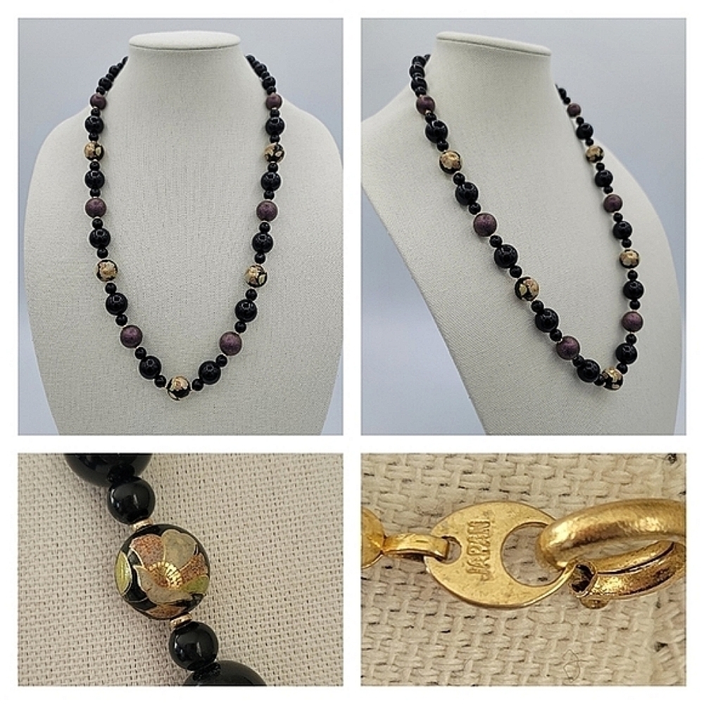 Vintage Necklace Handpainted Japan Black Purple Floral Necklace #581